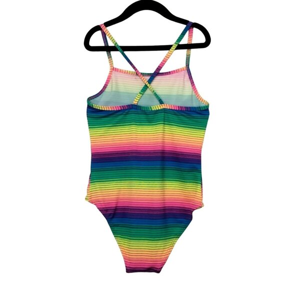 Girls One-Piece Swimsuit 9/10 Rainbow Striped Crisscross Back Summer Pool Outfit - Picture 4 of 8